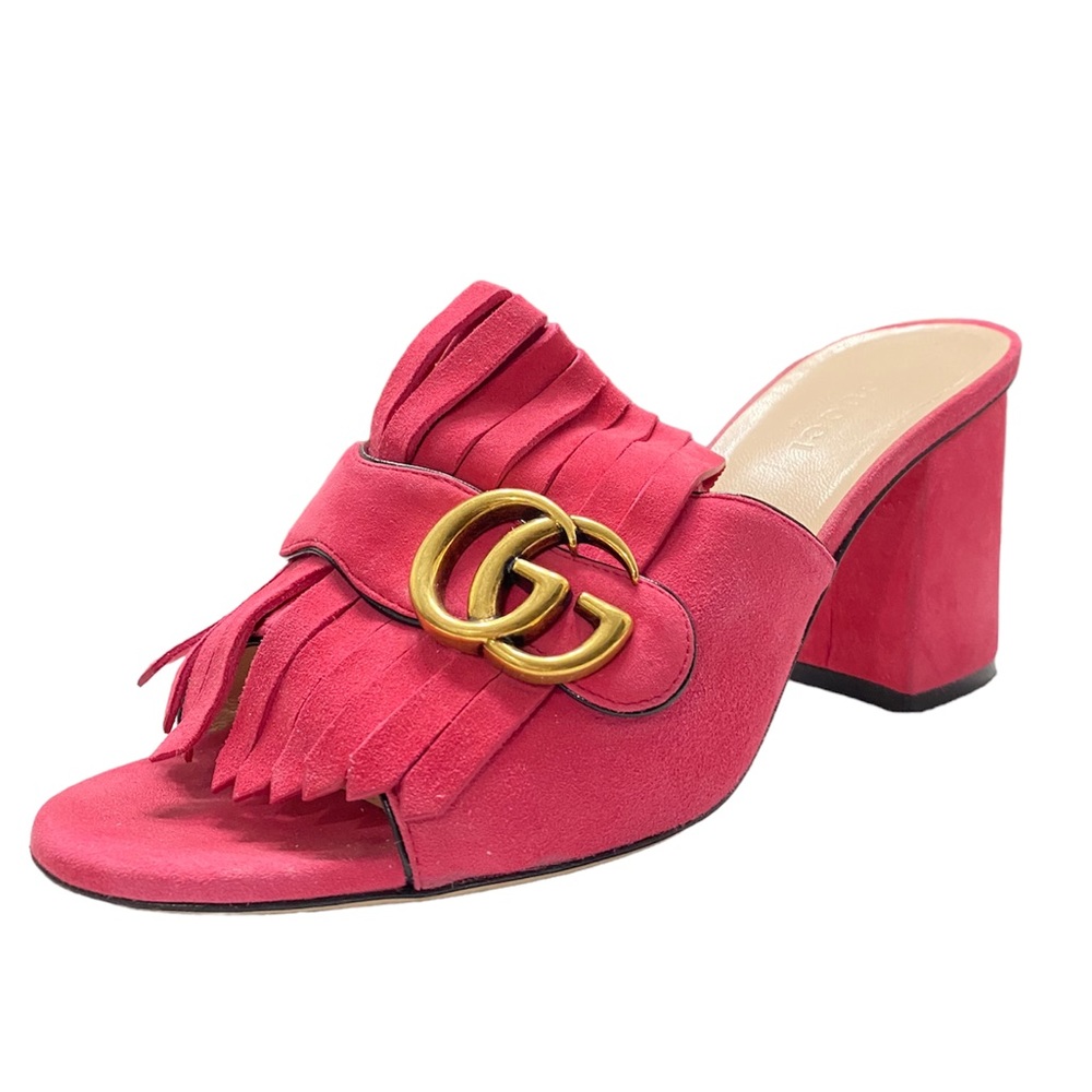 Gucci Pink Suede Leather GG Marmont Fringe Open Toe Sandals